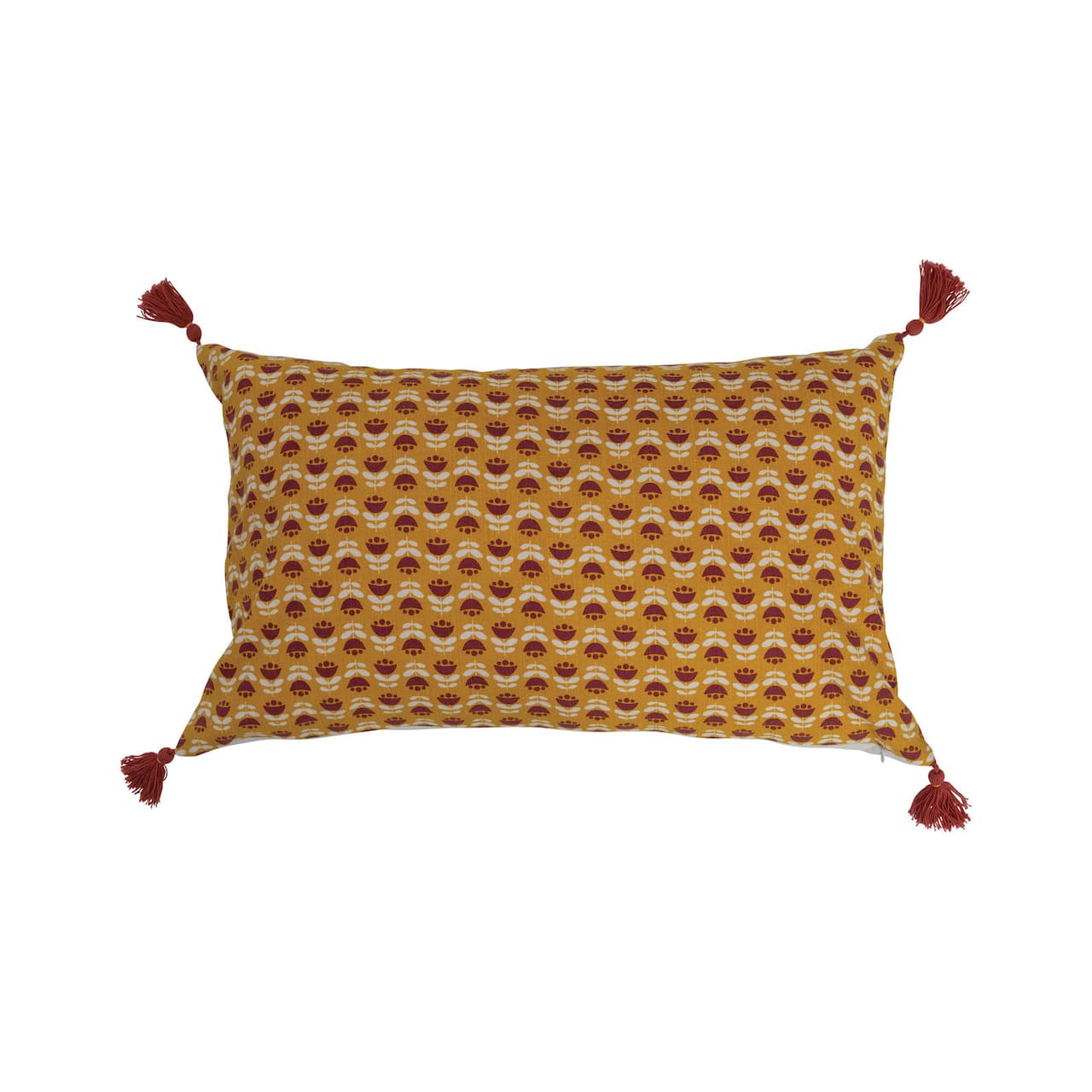 Floral Pattern Cotton Slub Lumbar Pillow with Tassels